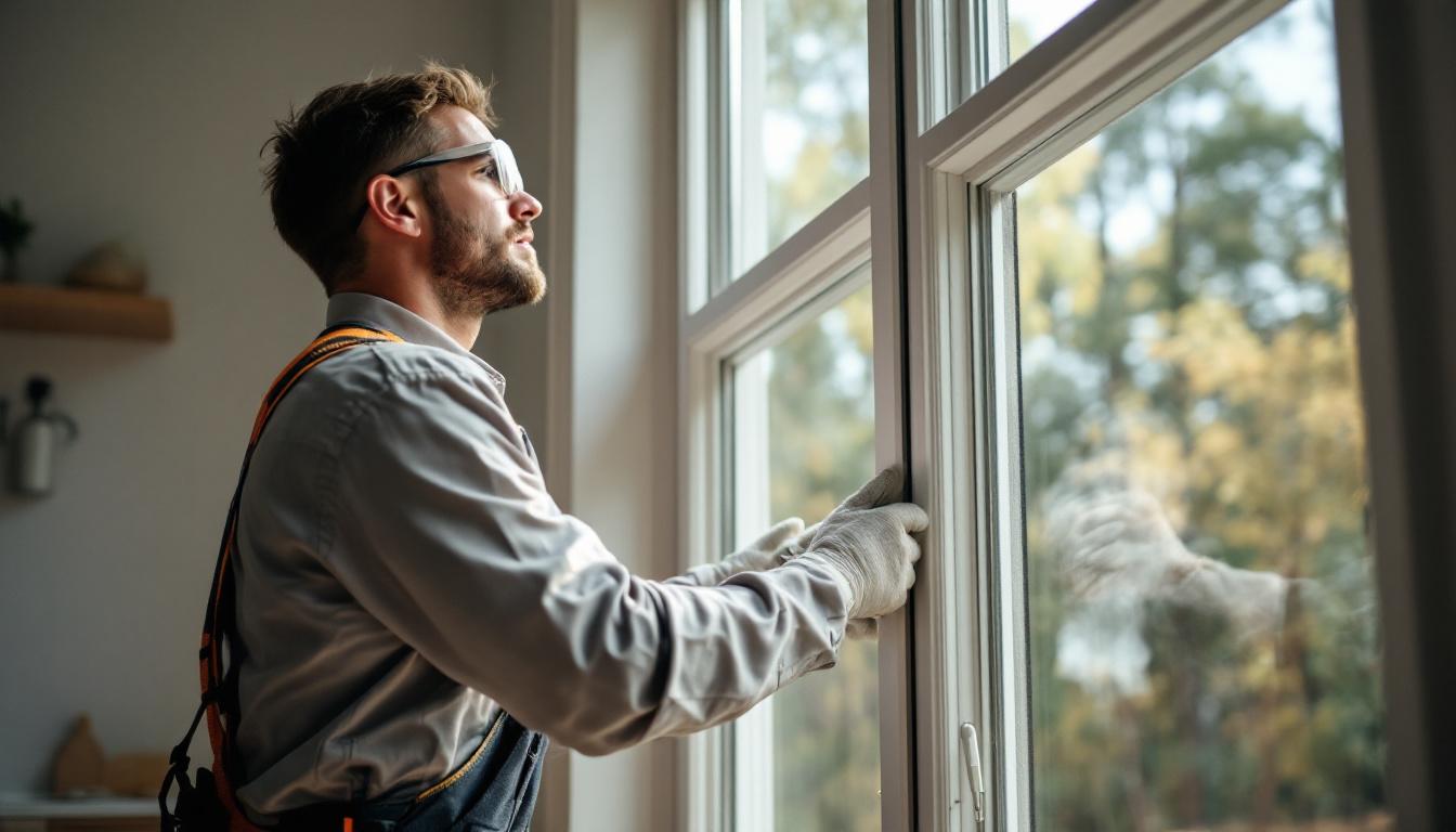 Certified window installer fitting a new vinyl double-hung window in a Georgia home