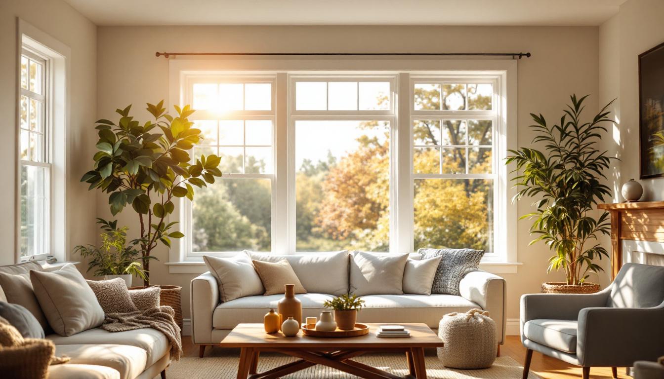Sunlit Georgia living room with new energy-efficient double-pane vinyl windows
