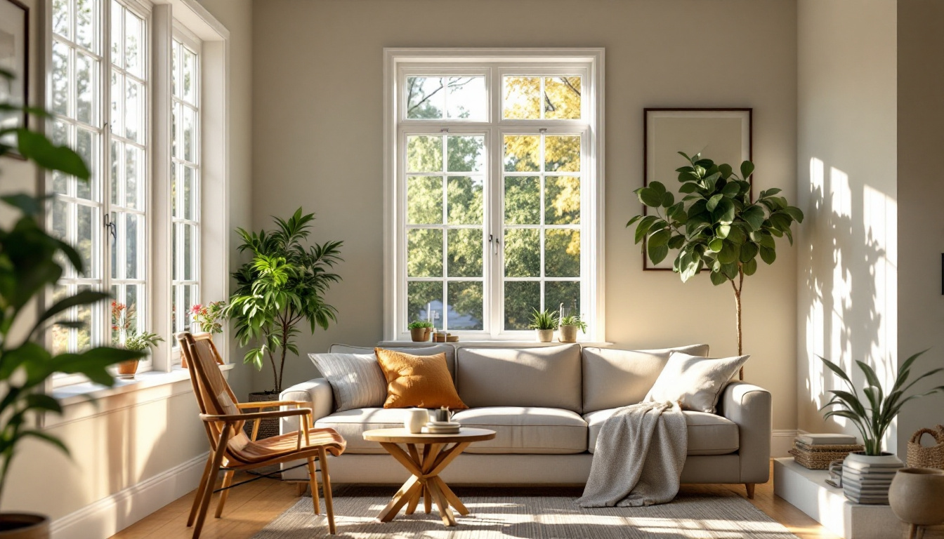 Bright sunlit Georgia living room with new energy-efficient double pane vinyl windows