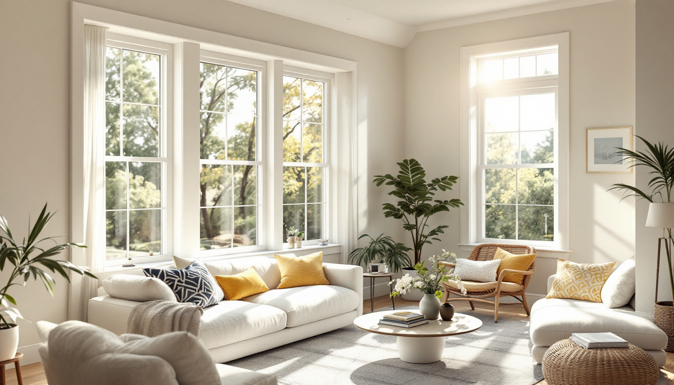 Bright sunlit living room with new energy-efficient vinyl windows in a Georgia home