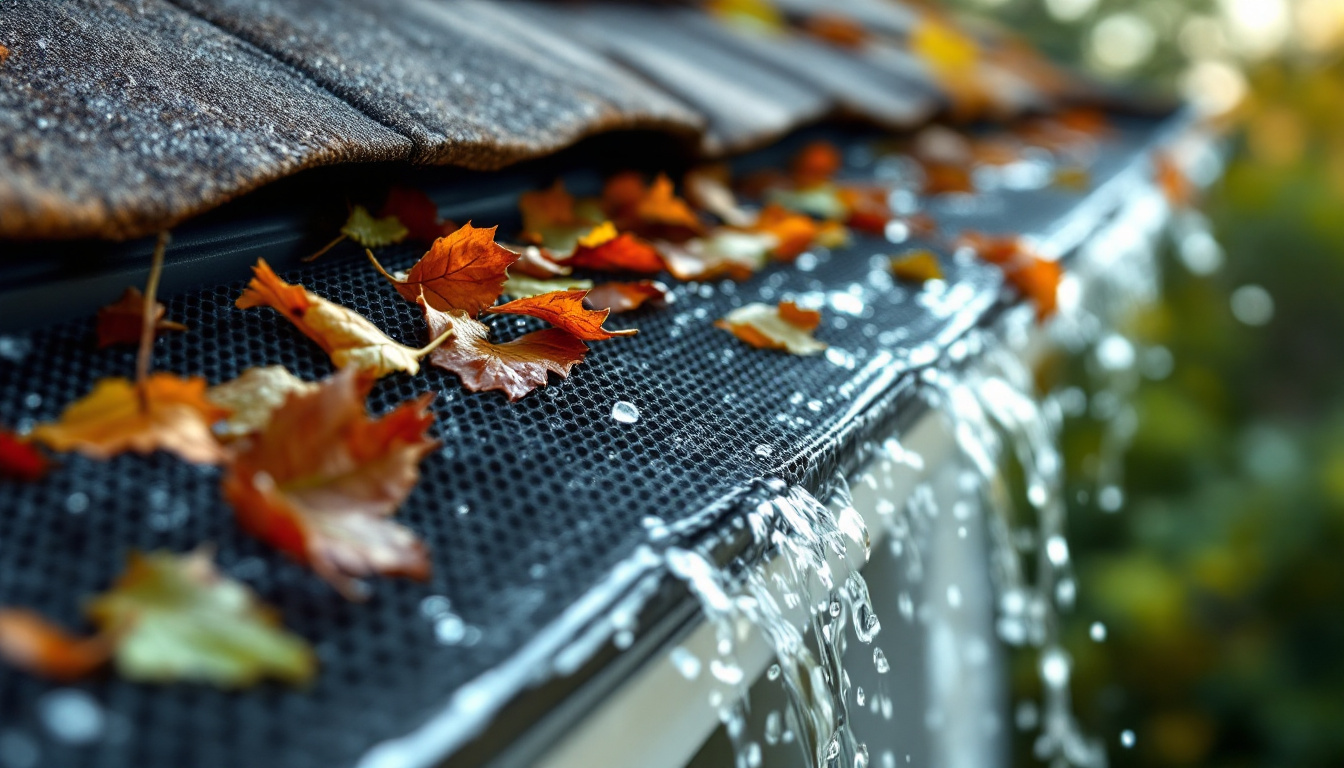Close-up of micro-mesh gutter guard blocking pine needles while water flows through