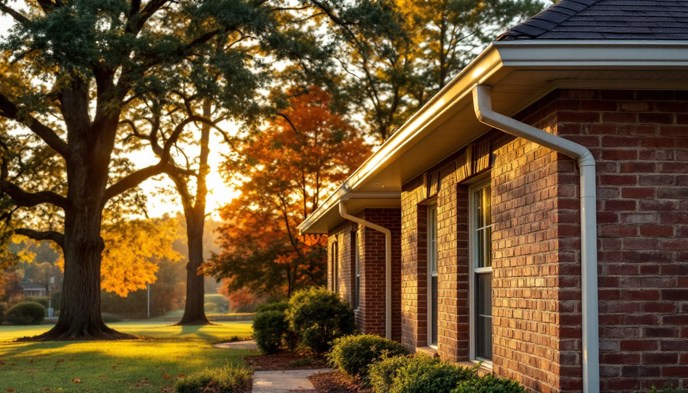 Micro-mesh gutter guards installed on a Georgia brick home surrounded by mature oak and pine trees