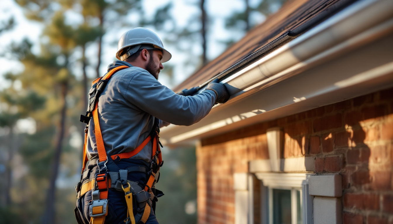Professional gutter installer fitting micro-mesh gutter guards on a Georgia brick home