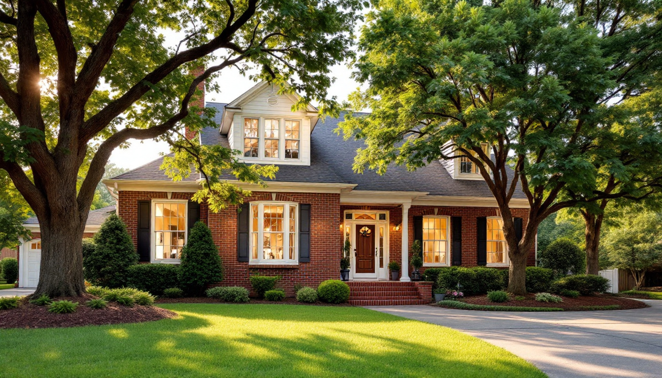 Suburban Marietta Georgia home with new white vinyl replacement windows and traditional brick facade