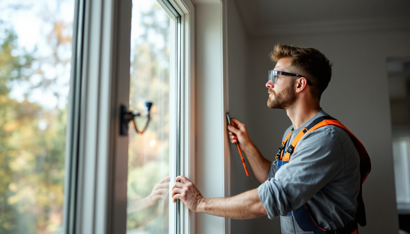 Certified window installer fitting a double-hung vinyl window in a Georgia home