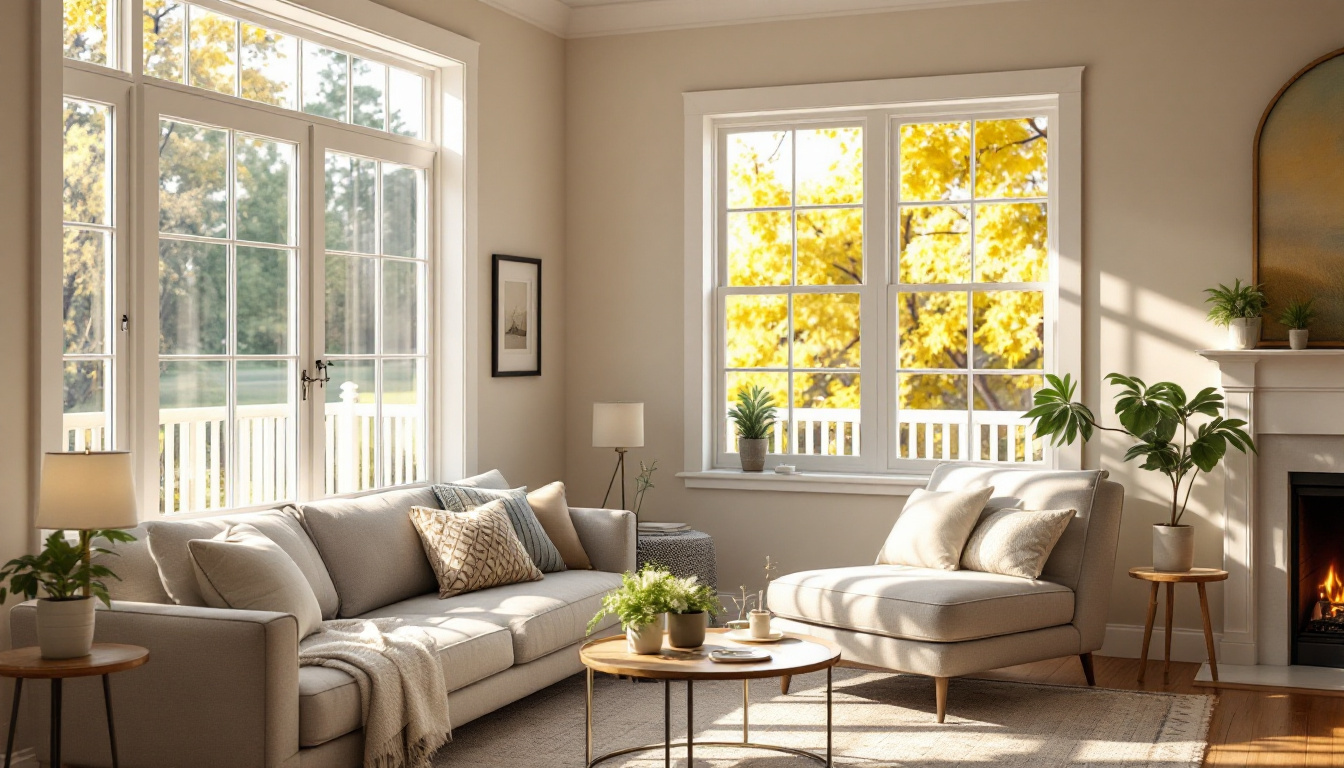 Bright living room with new energy-efficient double-pane vinyl windows in Georgia home