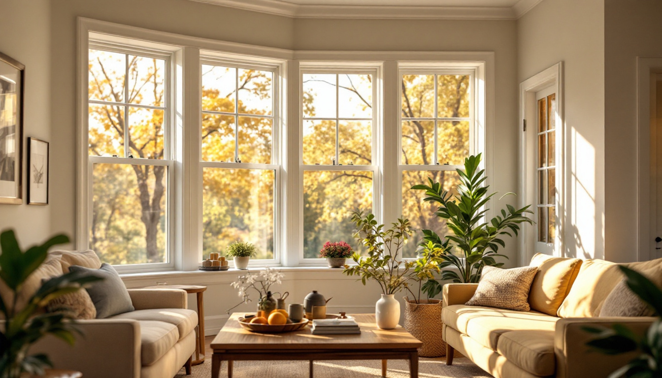 Bright Georgia living room interior with new energy-efficient double-pane vinyl windows installed