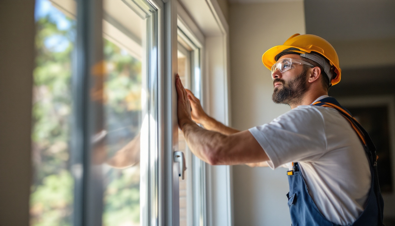 Certified installer fitting a new vinyl window in a Georgia home