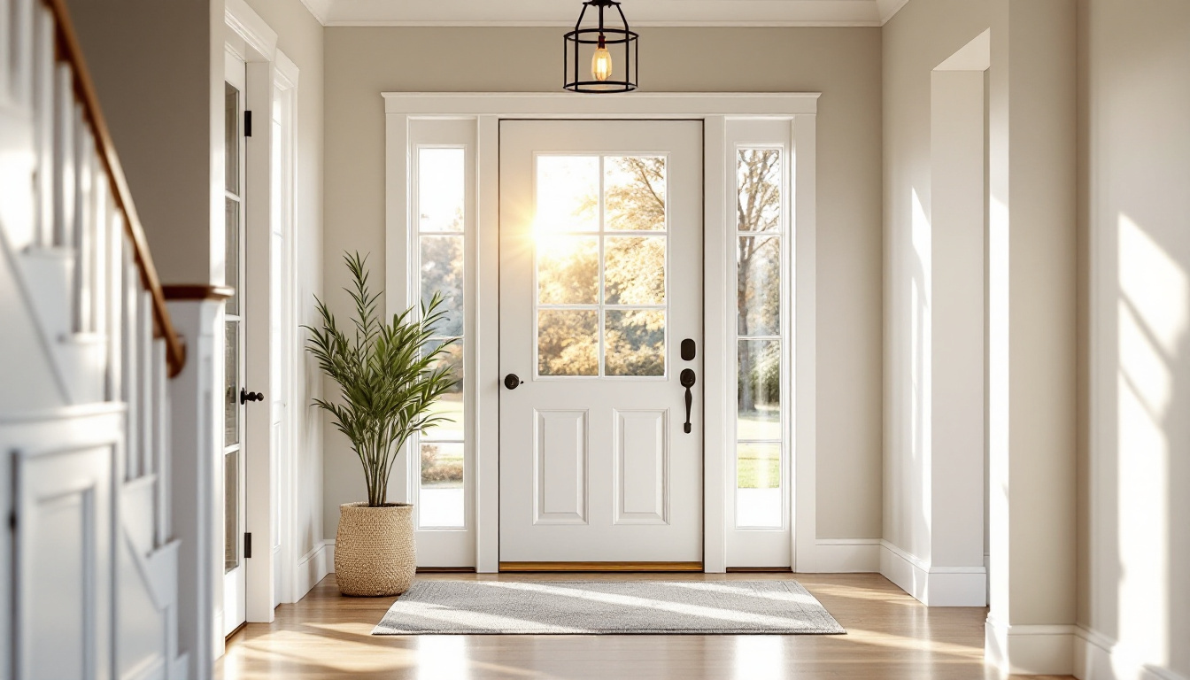 Bright foyer of a Georgia home with a newly installed front entry door and sidelight windows