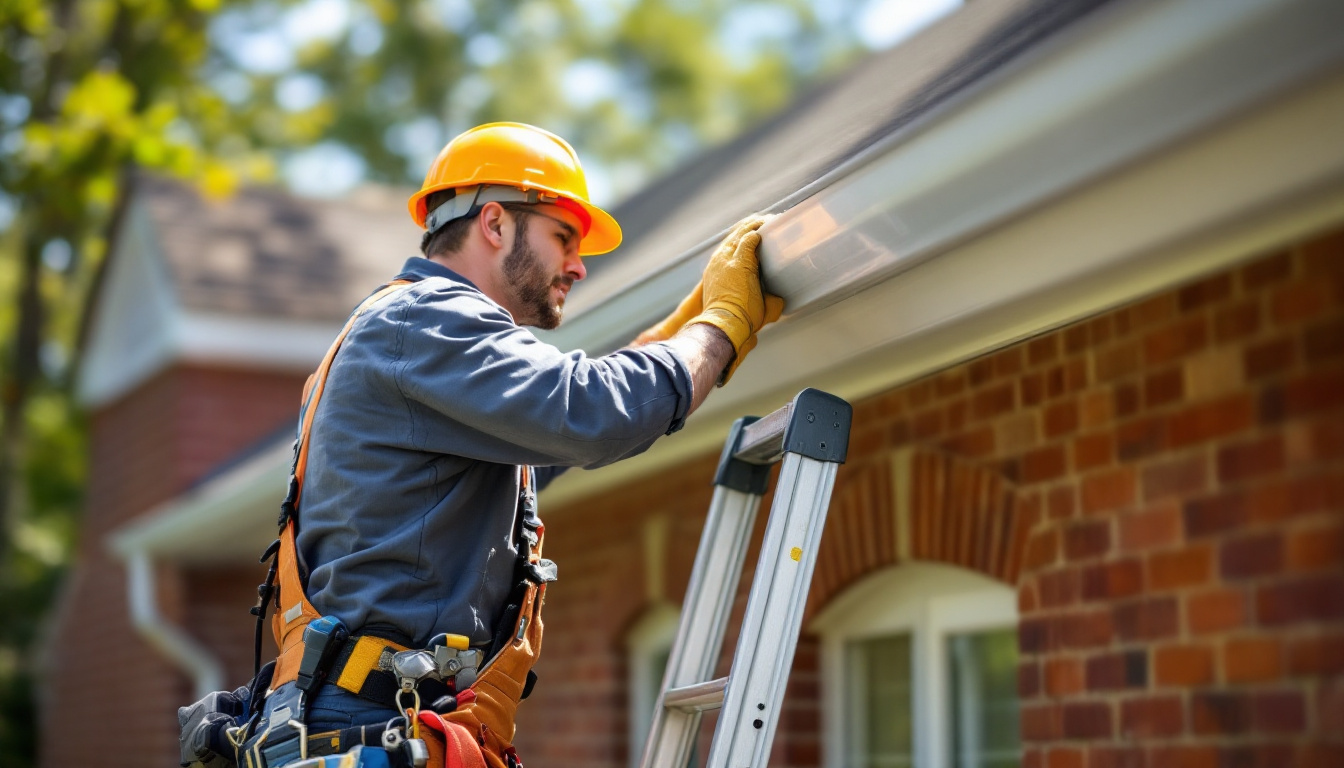 Professional gutter installer fitting seamless aluminum gutters on a Georgia home