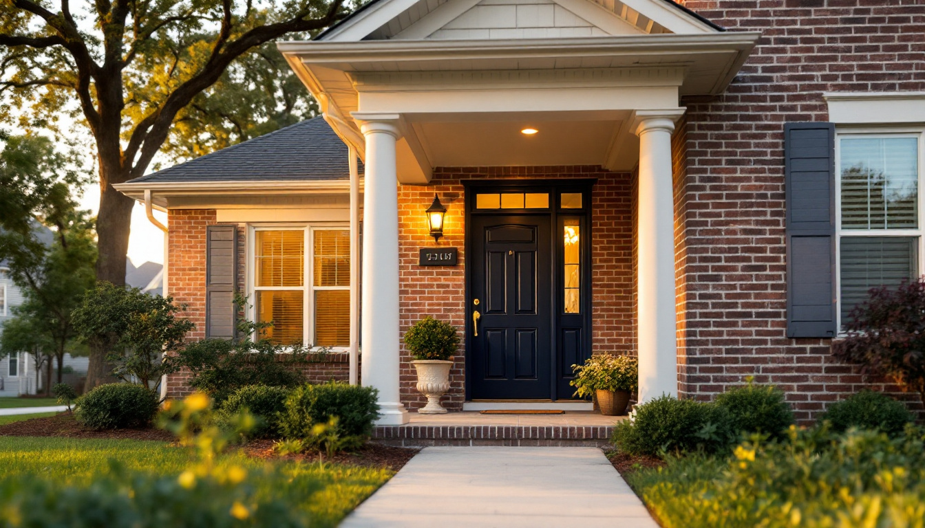 New fiberglass entry door on a Georgia brick home at golden hour