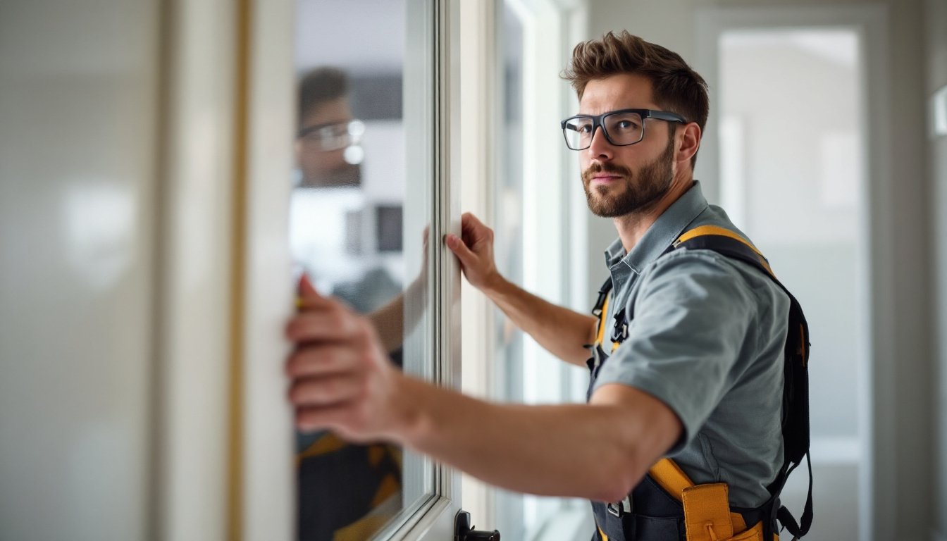 Professional door installer fitting a new prehung entry door in a Georgia home